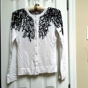 Lily Pulitzer cardigan. White with navy blue coral design.